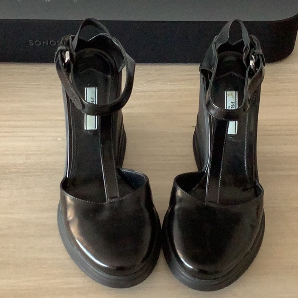 Prada Black Leather T Strap Mary Jane Platform Wedge Sandals Size 39
